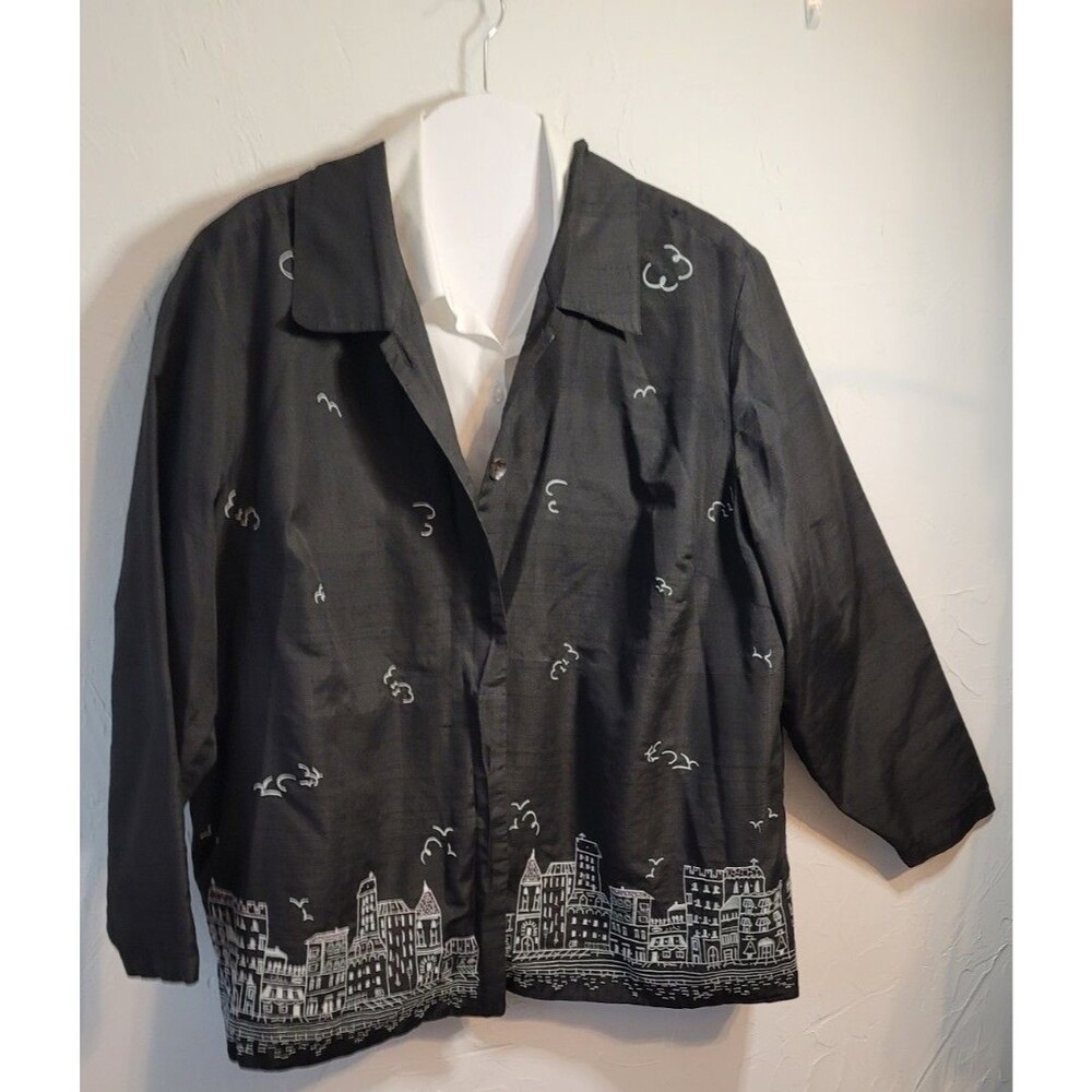Black Embroidered Cityscape Shirt Jacket Pink Beaded Detail Artsy Chic